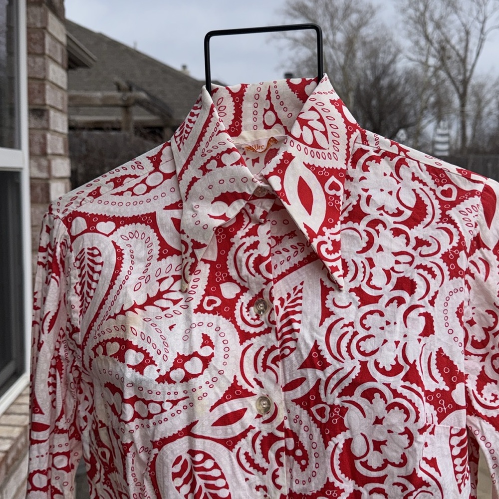Vintage Lady Wrangler Red White Paisley Big Collar Blouse 32 US Made